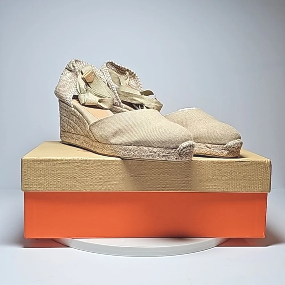 NWB Castaner Carina Sand Canvas Espadrille Wedge Ankle Tie Sandals 10 Jute Heels